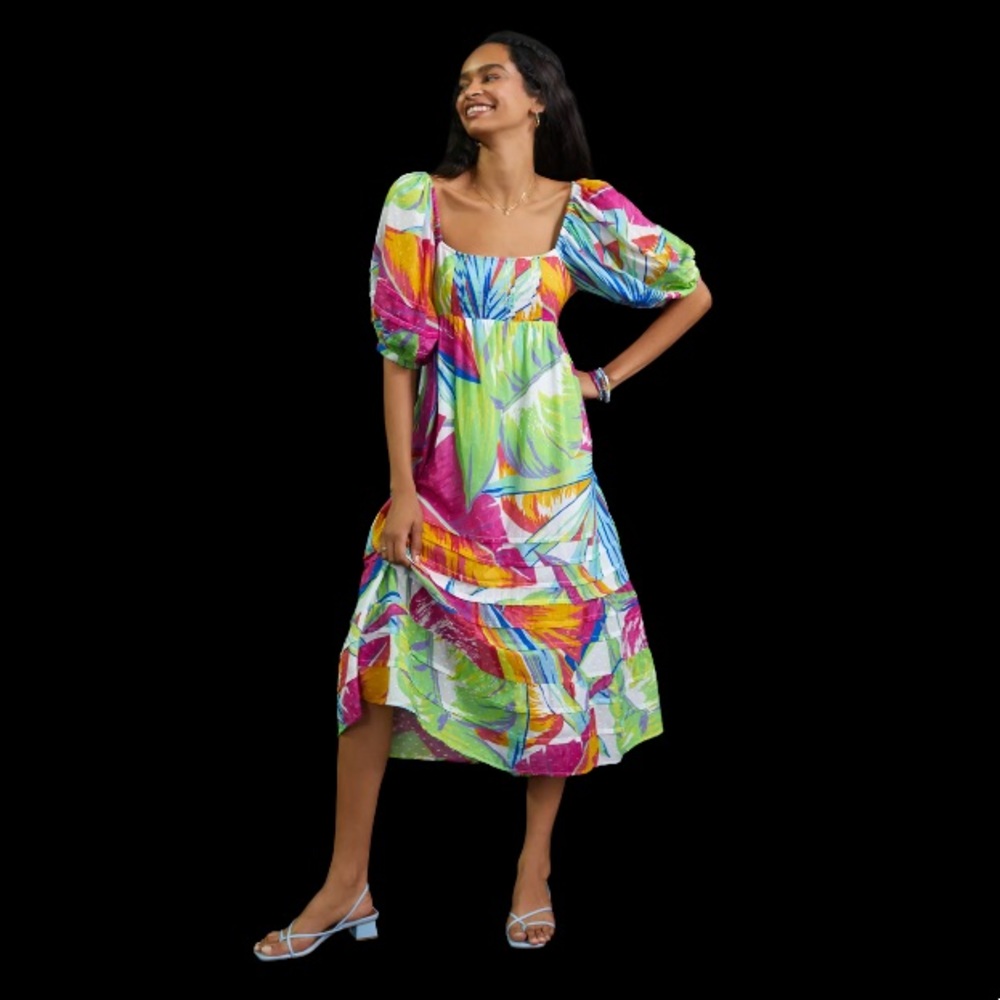 Farm Rio Rainbow Leafs Open Back MIDI Dress NEW
